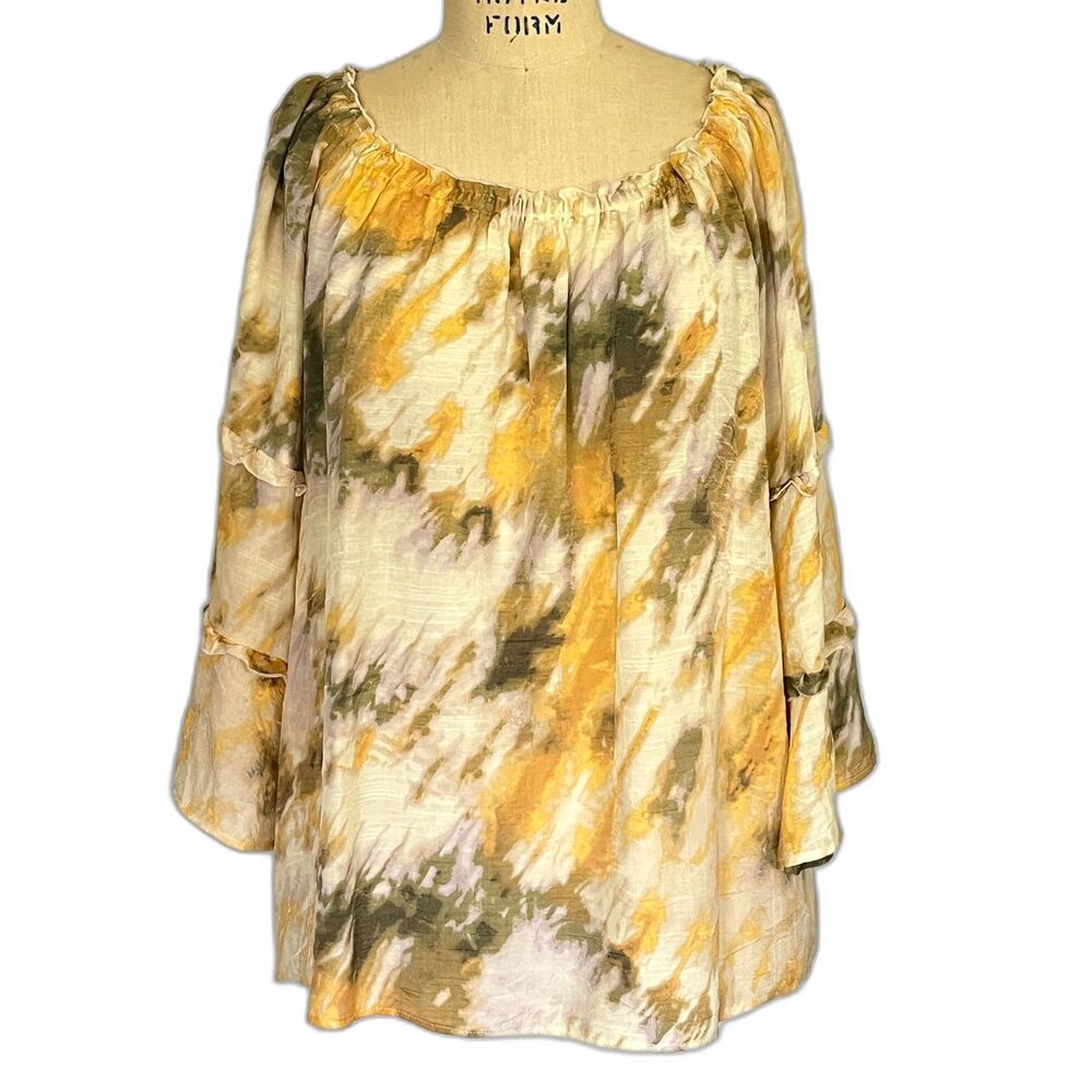 Yellow Boho Peasant Summer Top with Bell Tiered Sleeves and gathered Neckline